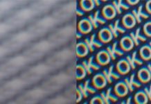 Toppan’s Illumigram displays text & images with depth in strong light Text appears (right) when light is shone on Illumigram. Photos: Toppan Inc.