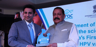 India’s first cervical cancer vaccine Cervavac announced Serum Institute of India CEO Adar Poonawalla with Jitendra Singh, Union minister of science and technology at the launch of the vaccine. Photo: Serum Institute of India