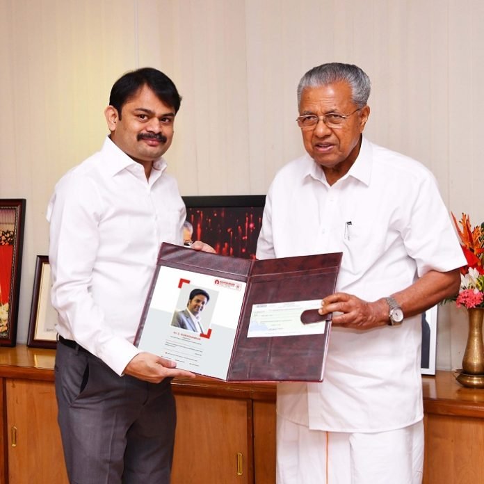 In Picture - Dr B Kannan, Medical Administrator, Meenakshi Mission Hospital and Research Centre handed over the demand draft to Honourable Chief Minister of Kerala Shri. Pinarayi Vijayan Meenakshi Mission Hospital and Research Centre