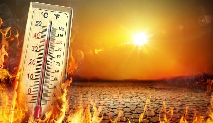 Heatwave With Warm Thermometer And Fire - Global Warming And Extreme Climate - Environment Disaster heatstroke