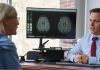 As adults age with MS, should they shed their meds? Top: Neurologist Andrew Bouley (right) speaks with his patient Emily Wheeler while they look at her brain scans in his office in Massachusetts. Visual: Jodi Hilton for Undark
